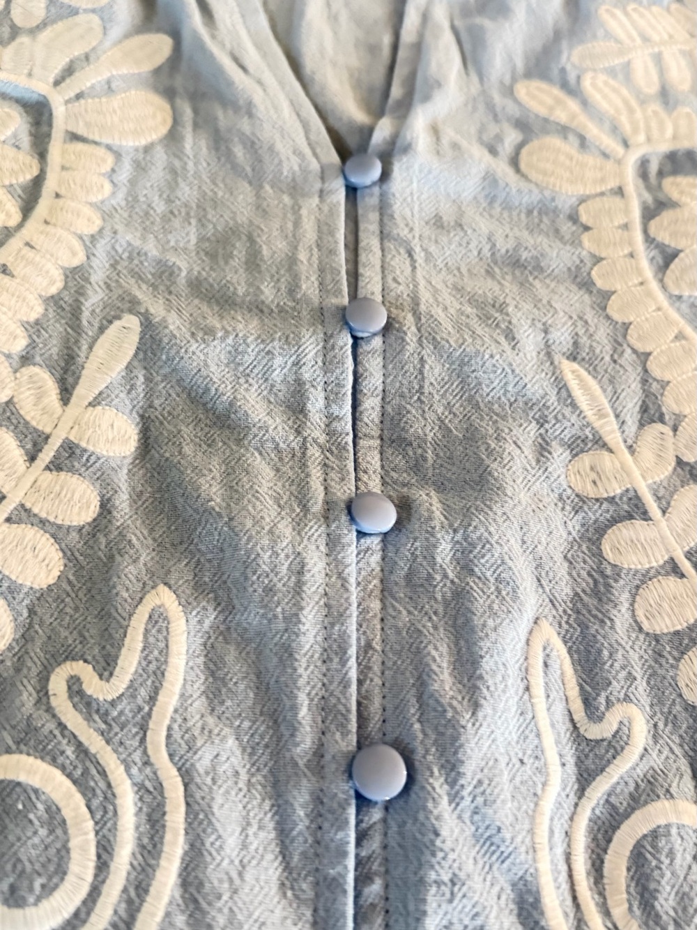 NWT BTFBM Blue Floral Embroidered Boho Short Sleeve Button Down Blouse Top L - Picture 7 of 11